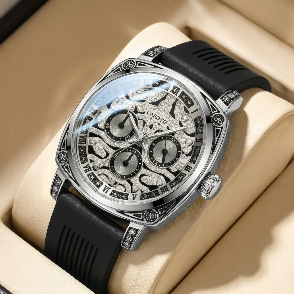 

1pcs Men's silver dial silicone strap vintage fashion skeleton gear luxury details Quartz Watch for business party holiday
