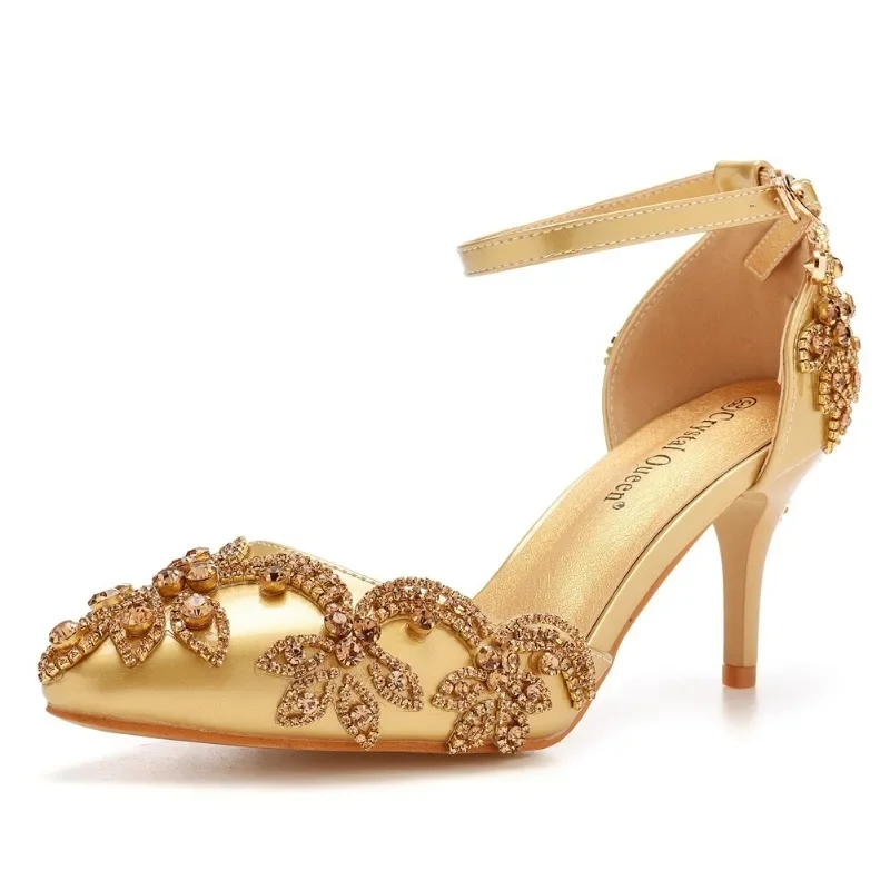Letnie sandały damskie na wysokim obcasie Rhinestone PU 7CM na cienkim obcasie pasek z klamrą dojrzałe buty damskie złoty żółty moda