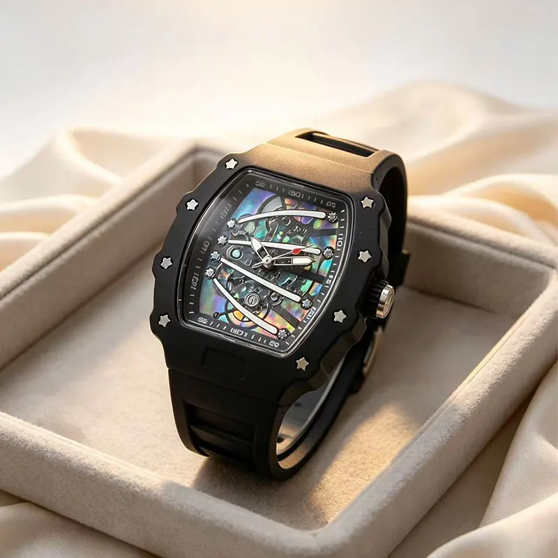 Classic square quartz elegant business men's silicone hollowed-out watch - suitable for men's casual office timepieces