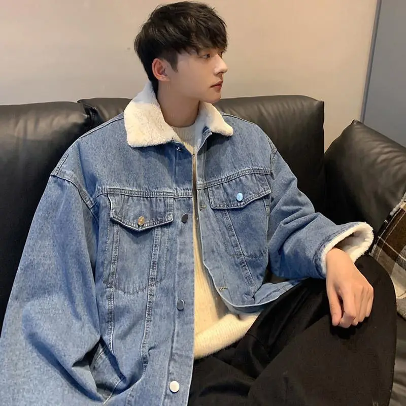American high street cotton coat men's versatile autumn and winter velvet thickened lamb velvet denim cotton jacket to keep warm