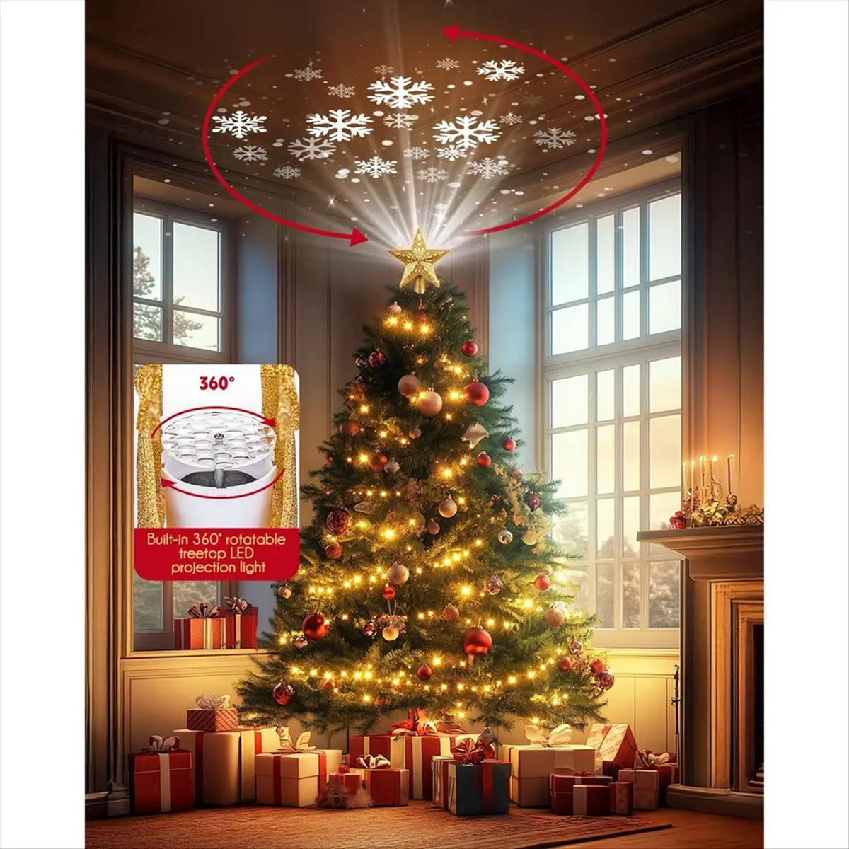 Christmas Star Trees Topper with Built-in Led Snowflake Projector Lights Pentagram US Plug
