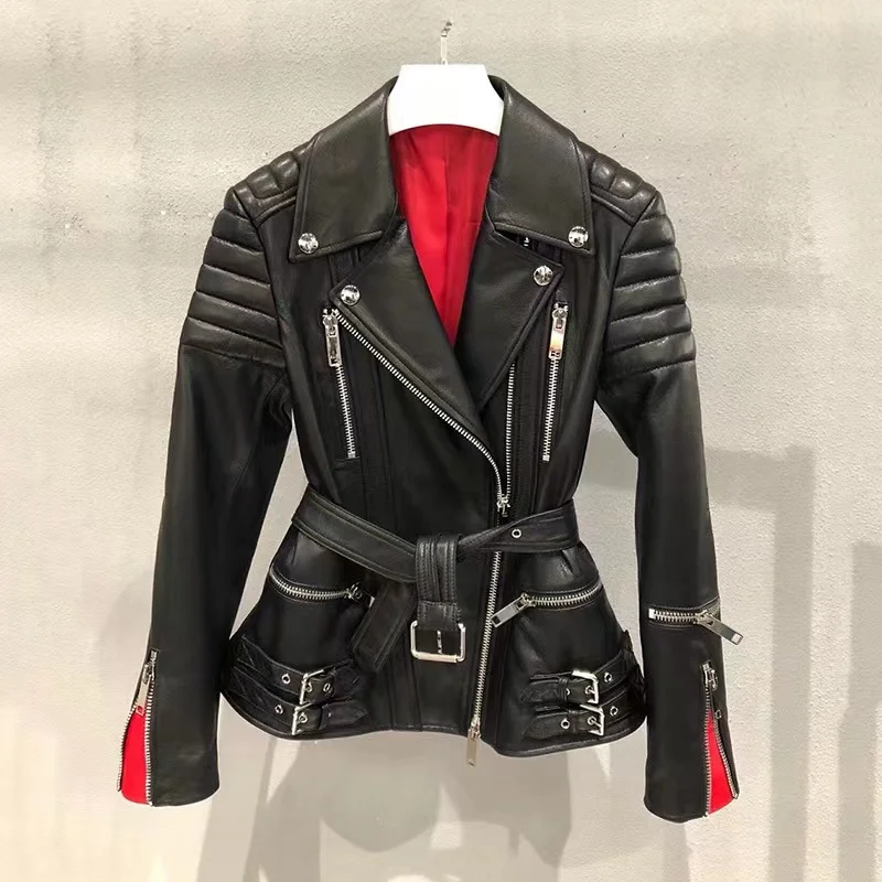 Leather Jacket Women Autumn Goatskin Lapel Zipper Red Stitching Cuffs Belt Slim Fashion Blouson Cuir Femme Motorcycle Short Coat