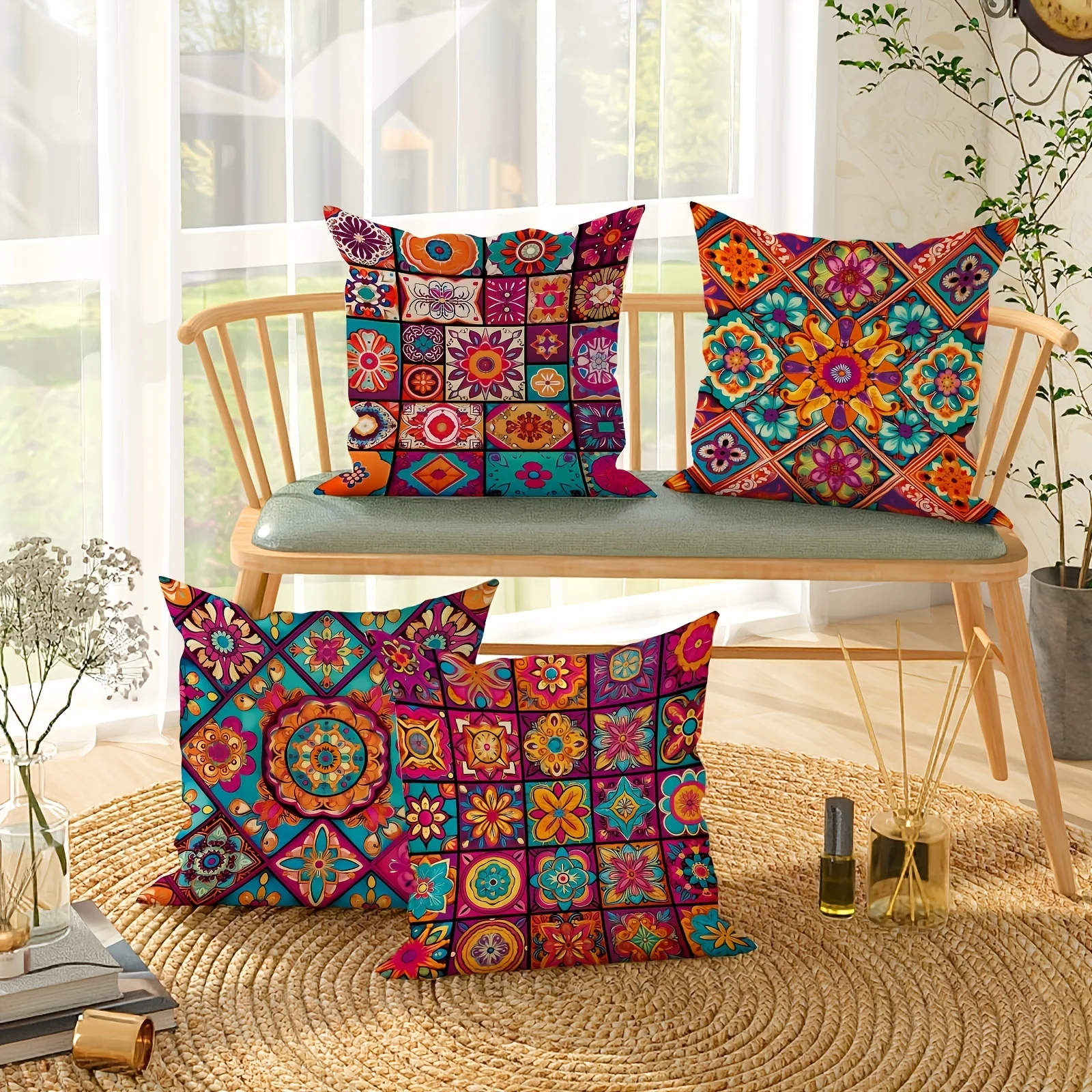 4Pcs Boho Chic Pillow Covers - Colorful Mandala Plaid Print Cushion Covers for Indoor/Outdoor Use