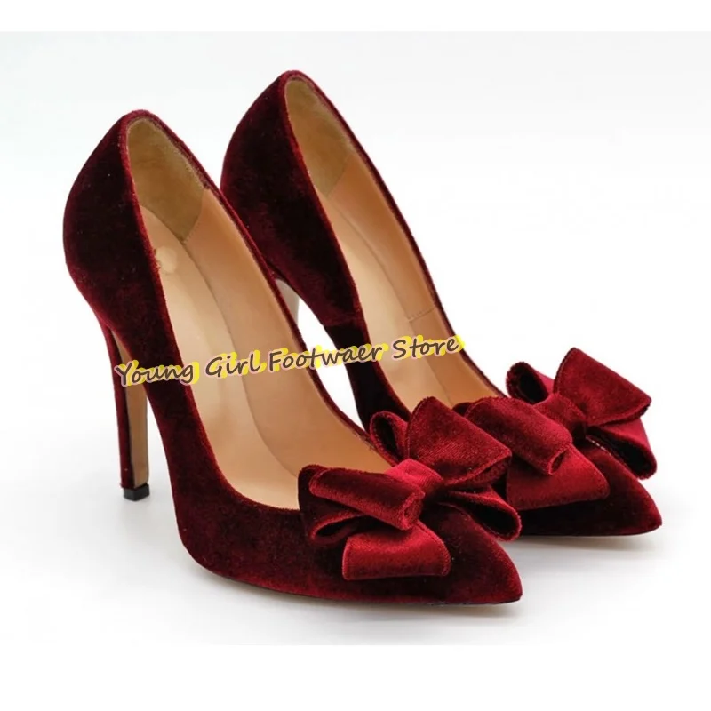 

Women's Velvet High Heel 12 cm Burgundy Heels Pointed Tip And Shallow Mouth Women's Luxury Footwear Bow Decoration