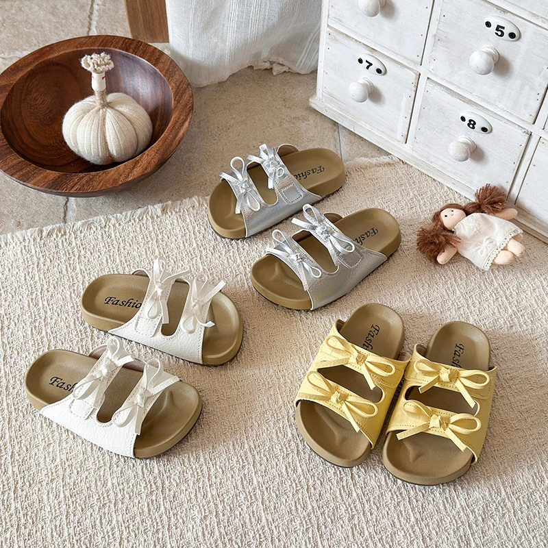 

Kids Girls Bow Decor Slide Sandals Soft Non-slip Children Casual Flats Slippers Breathable Open-toe Kids Summer Beach Shoes