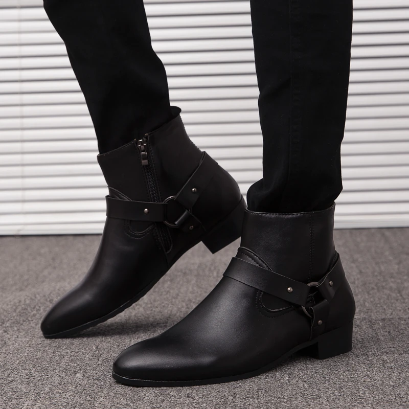 2026 New Ankle Boots PU Leather Men Boots Autumn Winter Fashion Pointed Toe Low Heel Daily Dress Shoes Big Size