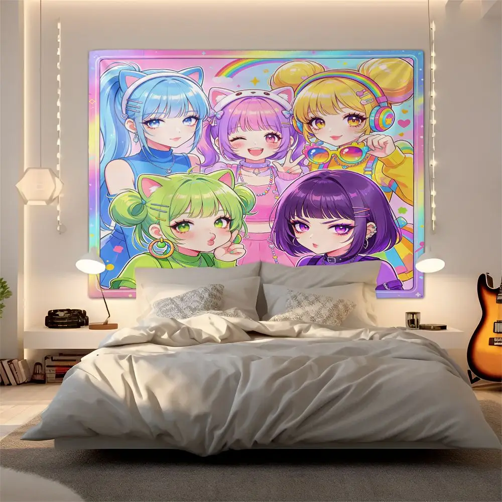 Lawn Picnic Snack Cat Ear Girls Illustration Digital Print Tapestry Wall Hanging Tapestries Wall Blanket Outdoor Style Wall Deco