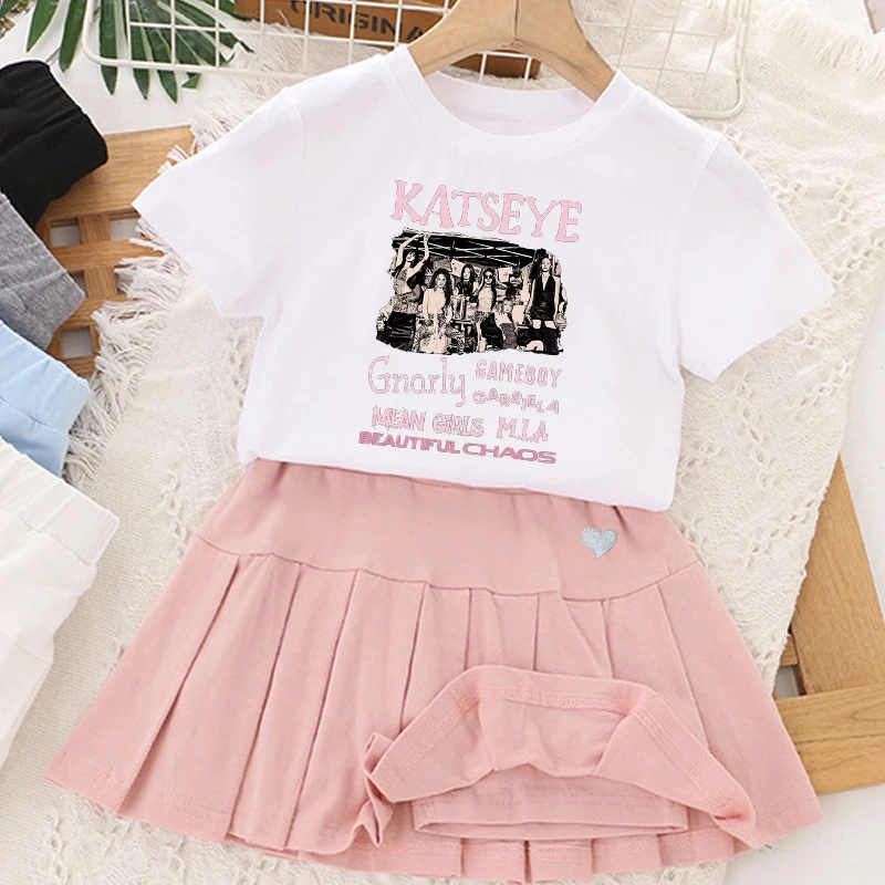 Kpop K-KATSEYE T-shirt+short Skirt Set Girl Kawaii Fashion Short Sleeves Summer Sweet Dress Set Cute Clothes Tee Top Fan Gifts