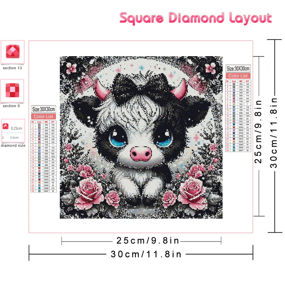 Huacan New 2024 Diamond Painting Animal Cow Full Round Square Diamond Mosaic Flower Rose Wall Decorative Pictures For Home