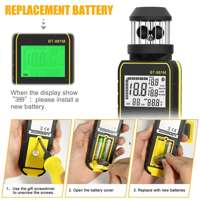 BT-881M Digital Anemometer Wind Meter - Handheld With 360° Rotation For Wind Speed And Temperature Measurement-Y41A