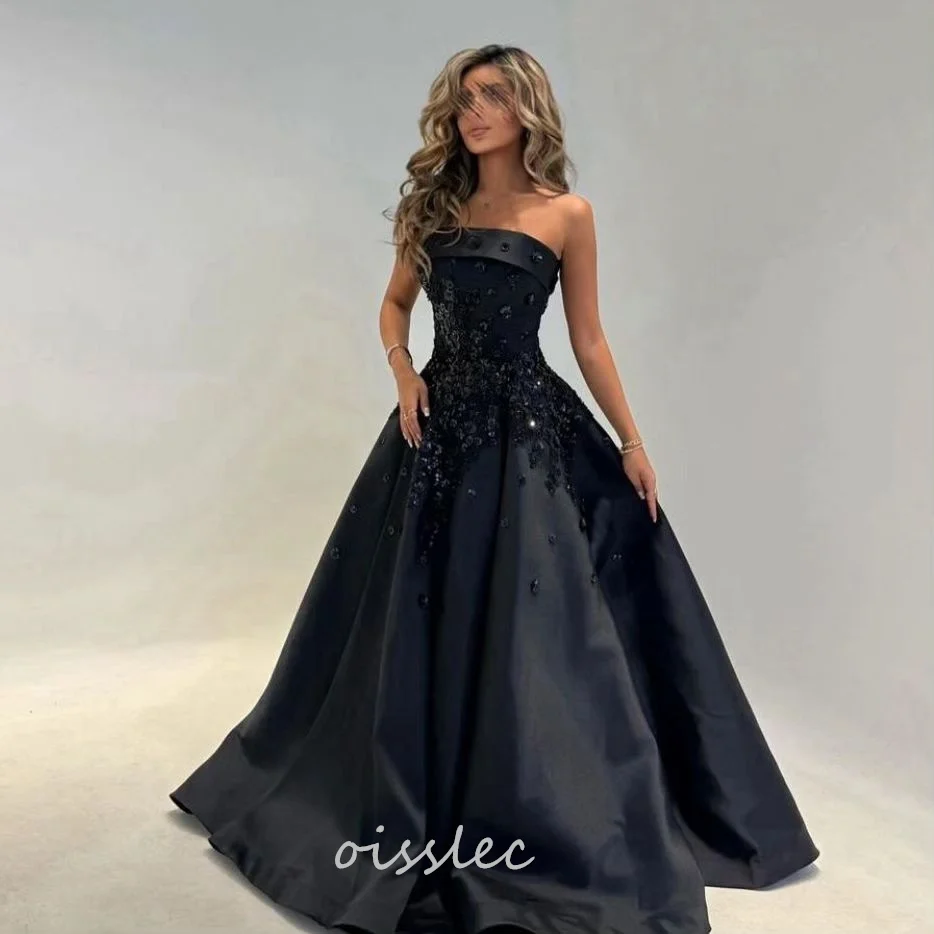 

Oisslec Strapless Prom Dresses Handmade Beaded Flowers Wraps Zipper Back Evening Dress Long Maid of Honor Birthday Party Gowns