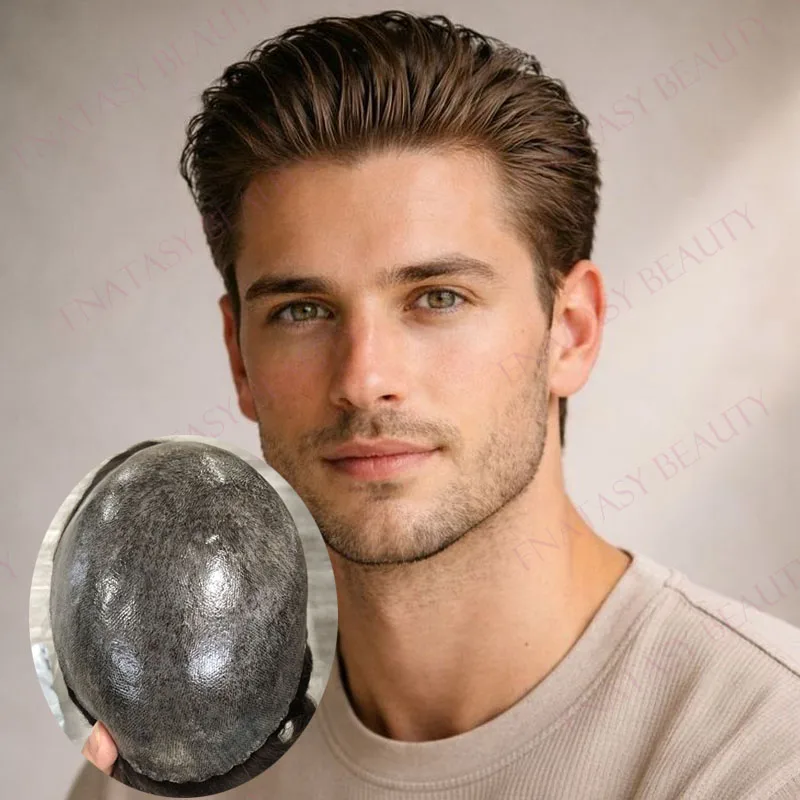 

Мужской парик из натуральных волос на тонкой полиуретановой основе, с естественной линией роста, суперпрочный, европейский, шелковистый, прямой, волнистый, для мужчин