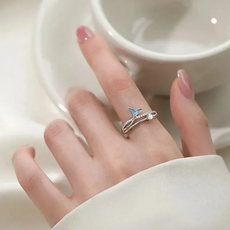 925 sterling silver blue mermaid tail ring romantic fashion adjustable jewelry gift for women and girls