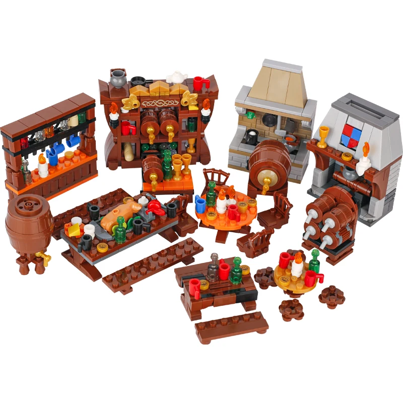 MOC Wine Barrel Medieval Furniture Building Blocks Winepress Dining Table Roast Sucking Pig Shelves Fireplace Bricks Toys