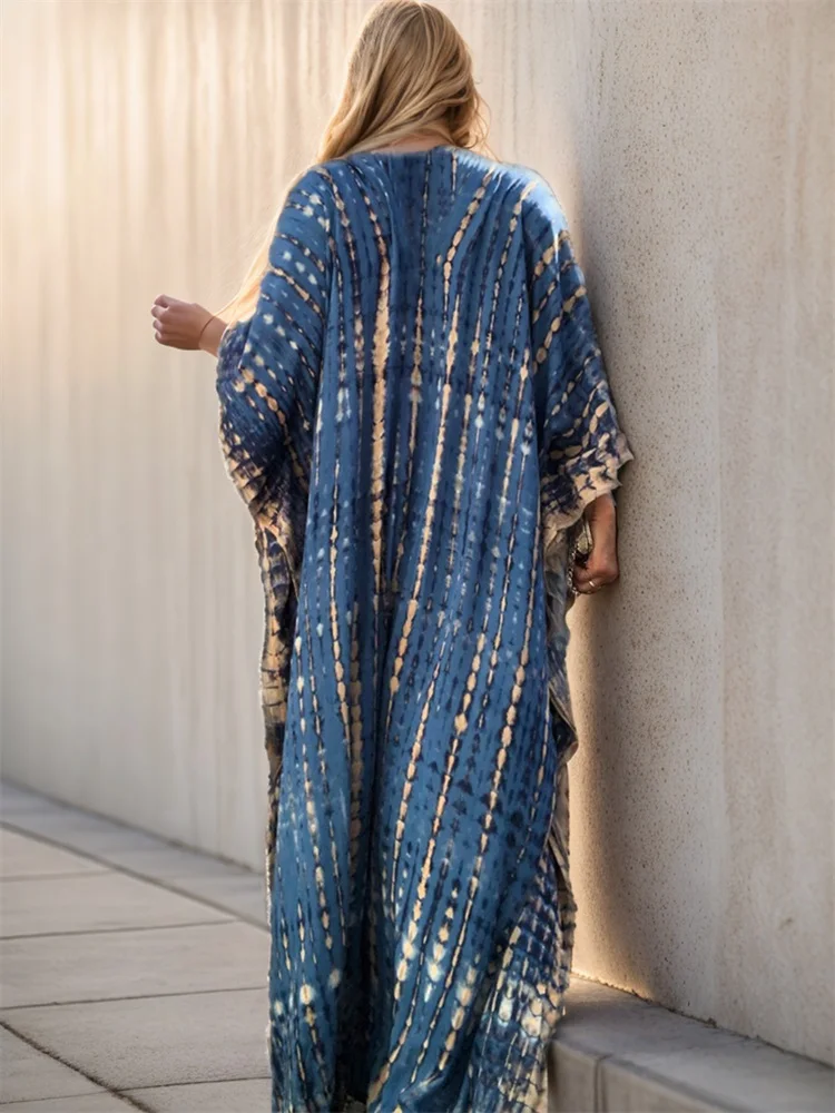 Seksowna Boho niebieski z nadrukiem w paski Plus Size dekoltem w szpic boczne rozcięcie sukienka Kaftan House 2024 damskie letnie okrycie