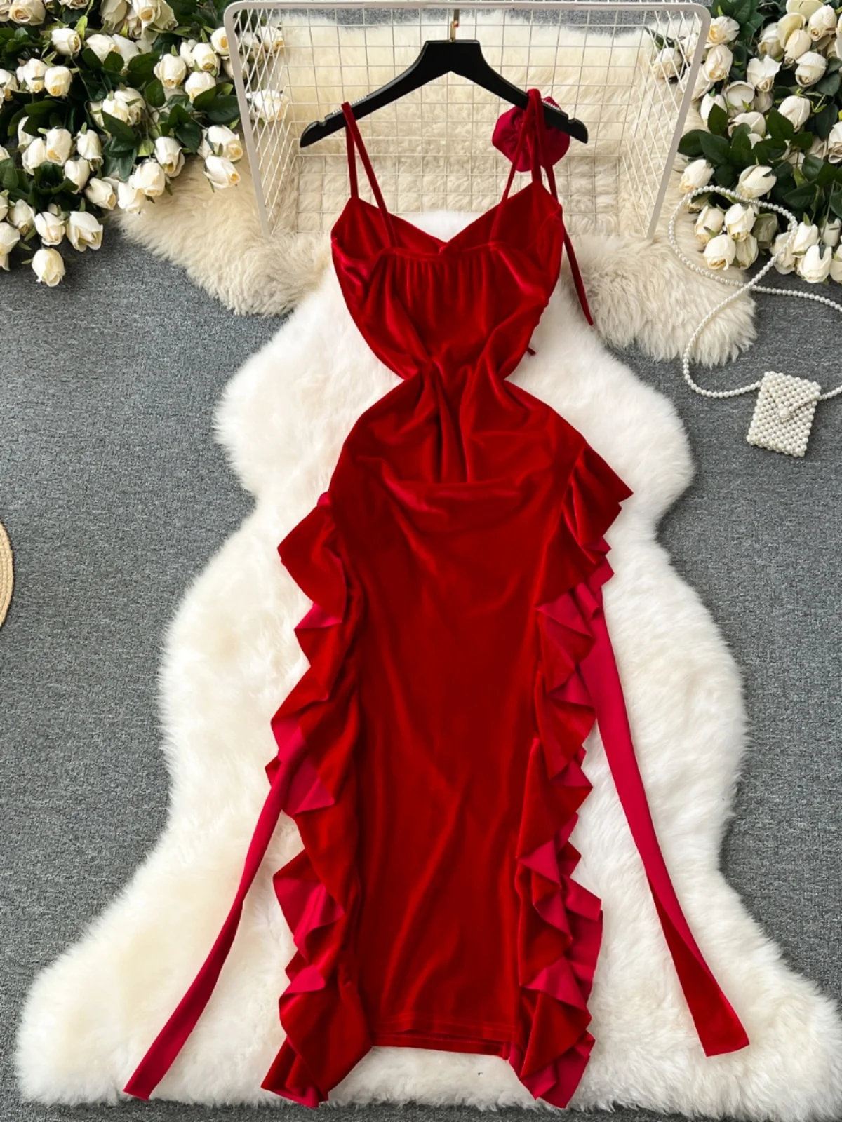 เดรสผ่าข้างสไตล์เรโทรเซ็กซี่ทรงเอไลน์ ผ้ากำมะหยี่สีแดง สำหรับผู้หญิง สไตล์เกาหลี เหมาะสำหรับใส่ไปทำงาน ฤดูใบไม้ผลิ ฤดูร้อน ฤดูใบไม้ร่วง ฤดูหนาว ไม่มีซับใน
