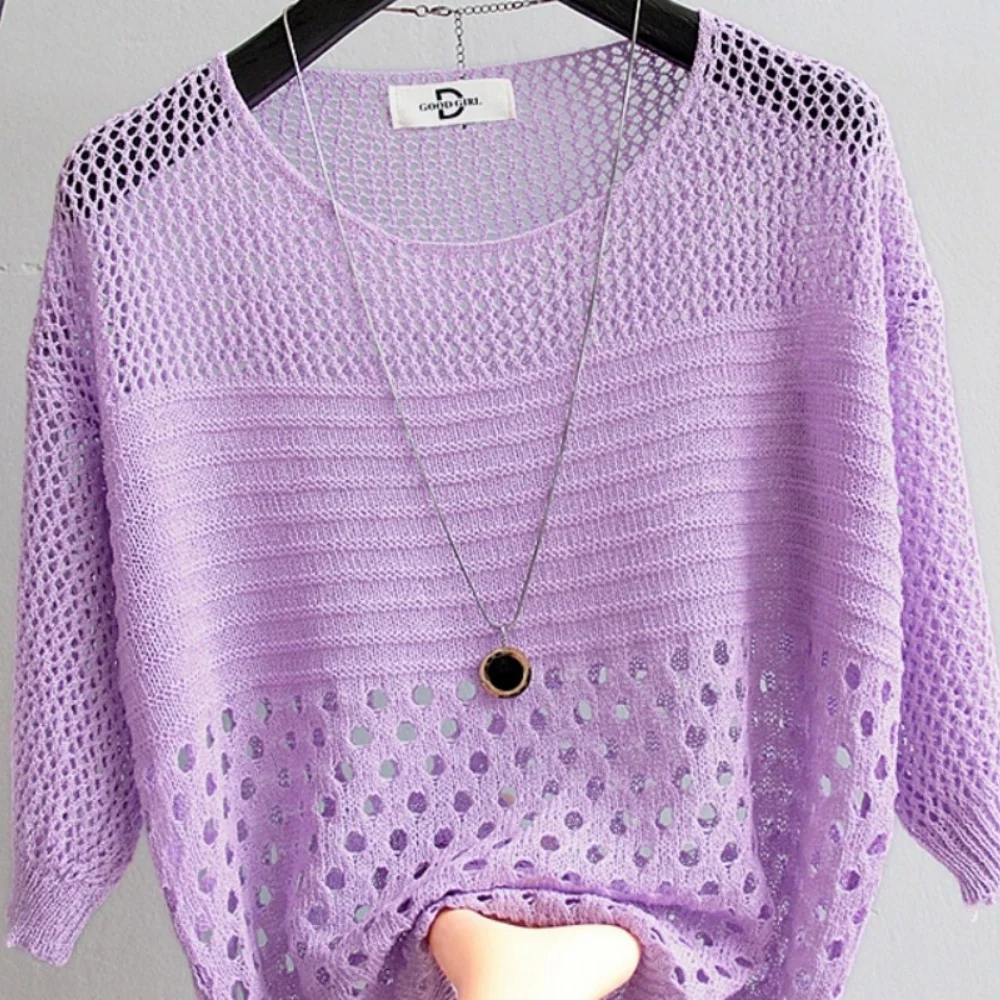 Trend Multicolor O-Neck Hollow Stripe Knit Thin Sweater T-shirt Crochet Cover Up Top Summer Crop Top Sweet Casual Women Clothes