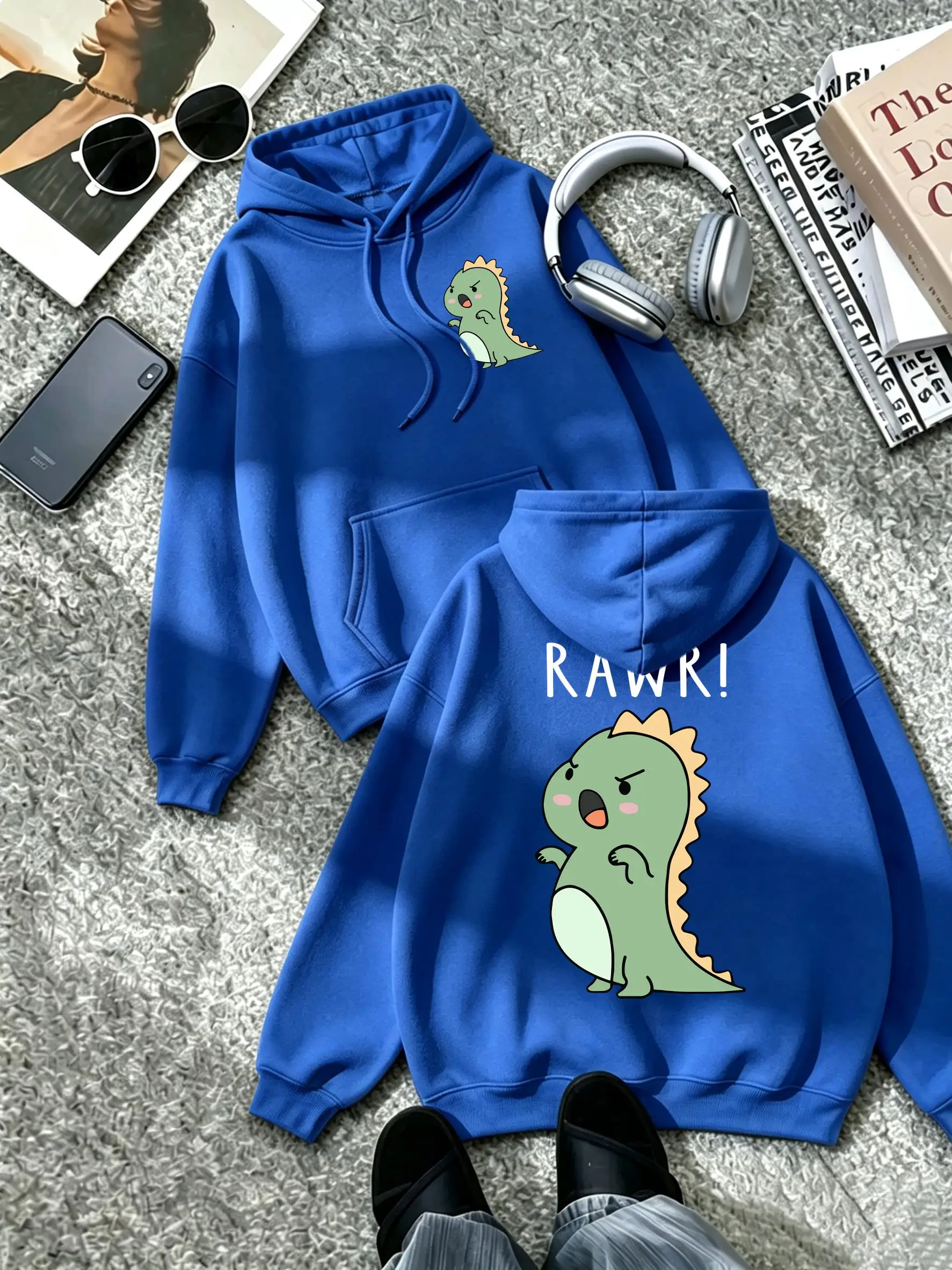 Cute Cartoon Dinosaur Pattern Pocket All-Match Pullover Womens Autumn Casual Tracksuit Soft Sport Hoody Loose Y2K Clothing