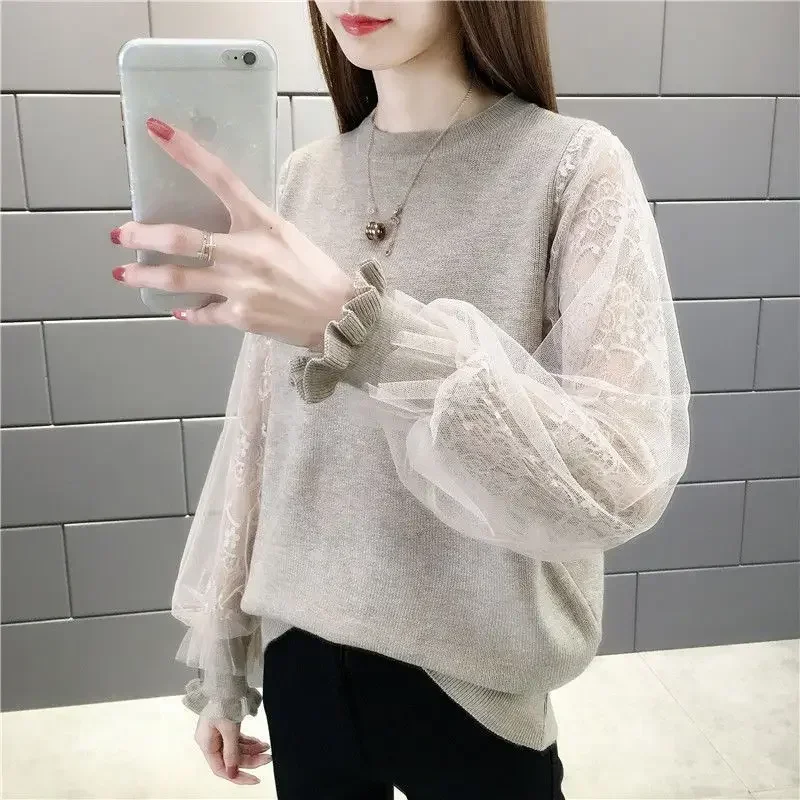 

Women's Knitted Butterfly Sleeve Sweater Elegant Fashion Lace Splicing Monochromatic Jumper Women's Clothing New E79