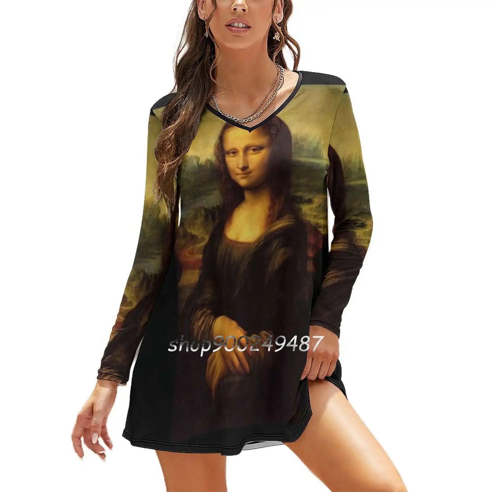 Mona Lisa Slim Dress With Hollow Waist Autumn Winter Sexy V Neck Long Sleeve Dresses Mona Lisa Lisa Leonardo Leonardo Da Vinci