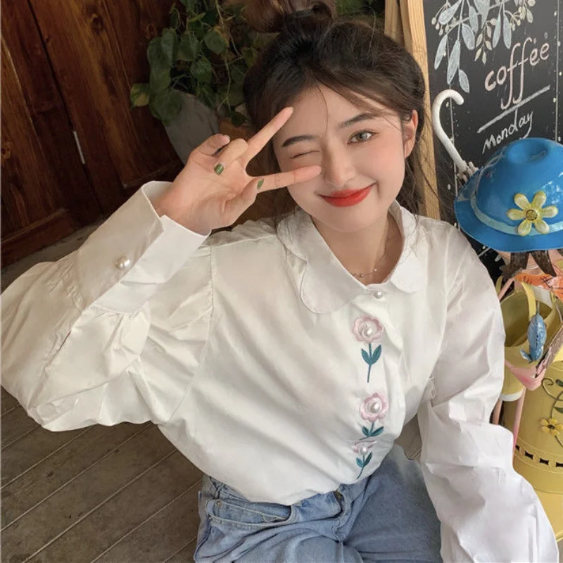 

Рубашка женская, весенняя, с цветочной вышивкой, универсальная, милая, мешковатая, Kawaii, модная, для отдыха, стильная, классическая, для студентов, изящная, BF Ins