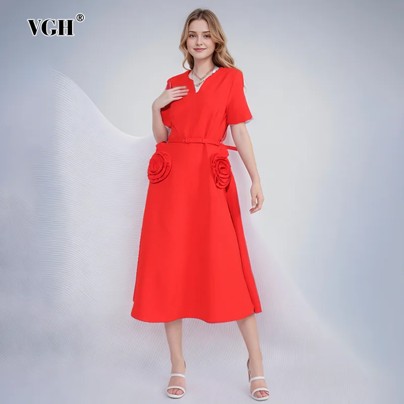 

VGH Solid Patchwork Appliques Elegant Dress For Women V Neck Short Sleeve High Waist Spliced Belt Long Dress Female Fashion New