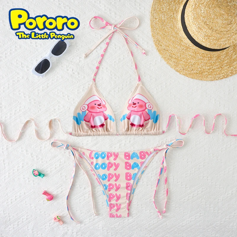 Loopy Bikinis Set Cartoon Sexy Girls 3-point Bikini Summer Beach Clothes Side Strappy Swimsuit Ultrathin Bra Panties Surfing Set