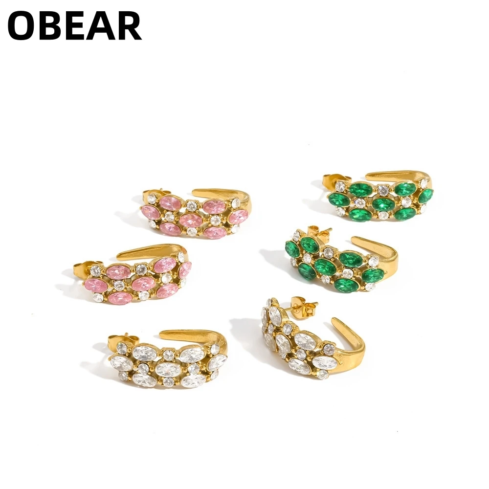 18K Gold Plated Stainless Steel C Shape Hoop Earrings Oval Multi Color Zircon Cluster Huggie Earrings Vintage Jewelry For Women