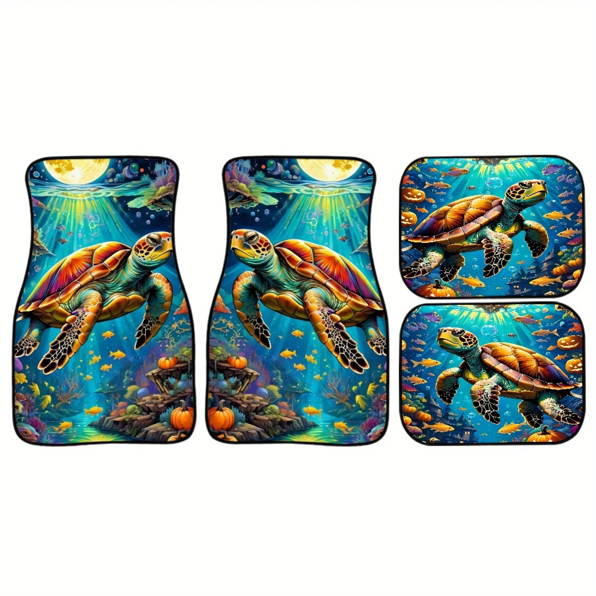 Submarine Turtle Design 4pc Car Floor Mats - Universal Fit Polyester Fiber, Non-Slip & Machine Washable - Suitable For Sedans, S