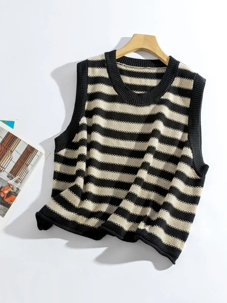 High Quality Spring and Autumn Striped Vest, Knitted Women's Loose Sweater, Shoulder Top, Winter Jacket, Short Top