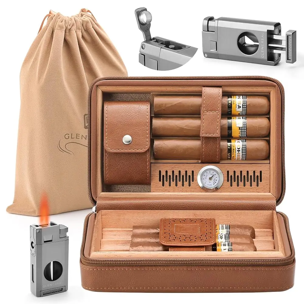 

Portable Travel Cigar Case, Leather Cedar Wood Lined Cigar Case with V Cutter & Torch Lighter, Built-in Hygrometer & Humidifi