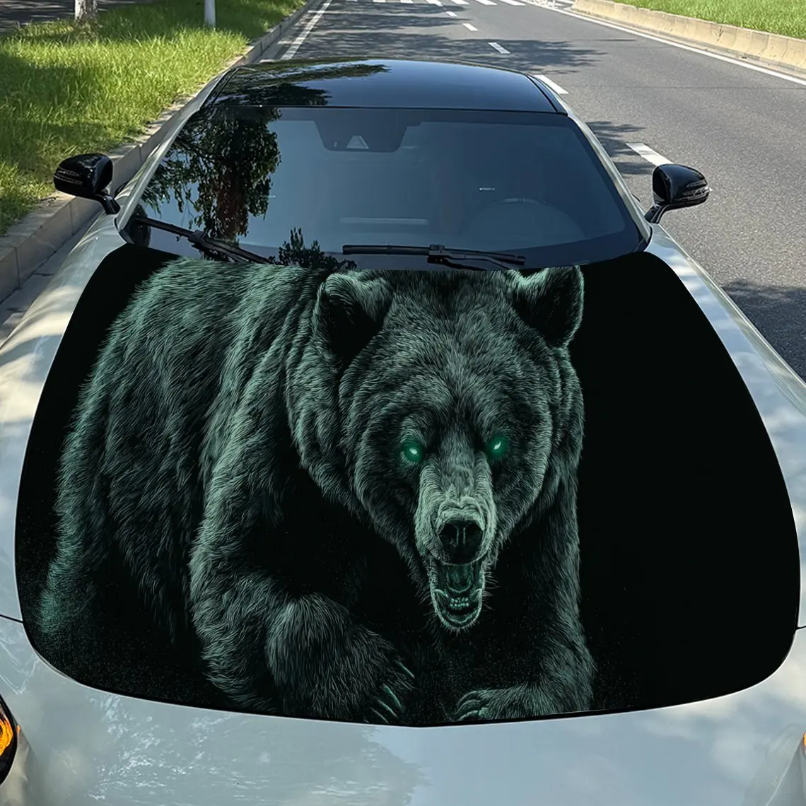 

Wild Green Glow Bear Auto Cover Sticker, Waterproof and Self-adhesive Auto Hood Decal, Auto Vinyl Wraps, Cool Car Exterior Decal