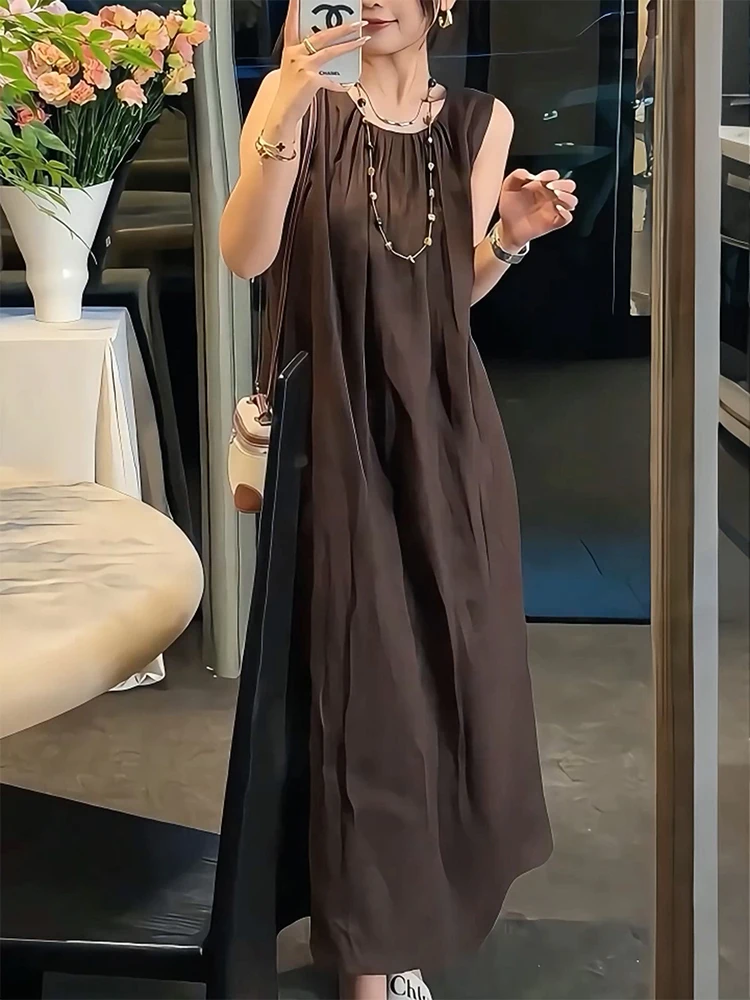 

Ele Deep Brown Folded Ne Svel Dr Женское модное летнее платье больших размеров, повседневное длинное платье трапециевидной формы для поездок на работу...