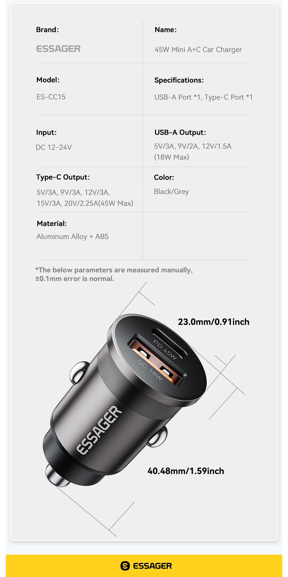 Essager 45W Mini USB Car Charger QC 3.0 PD 3.0 SCP AFC USB Type C Car Mobile Phone Charger For iPhone Huawei Samsung Xiaomi iPad