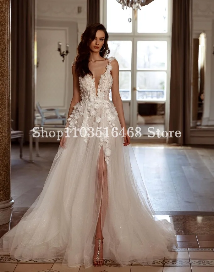 Elegantes Neck holder A-Linie Brautkleid 2024 für Frauen weiße Blumen bestickte geteilte Brautkleider Kleider für formelle Anlässe