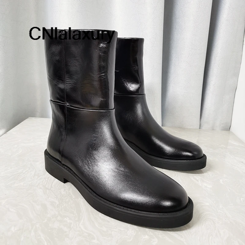 Black Round Toe Fashion Boots Genuine Leather Woman Boots 2024 Winter New Solid Designer Catwalk Ankle Shoes chelsea boots