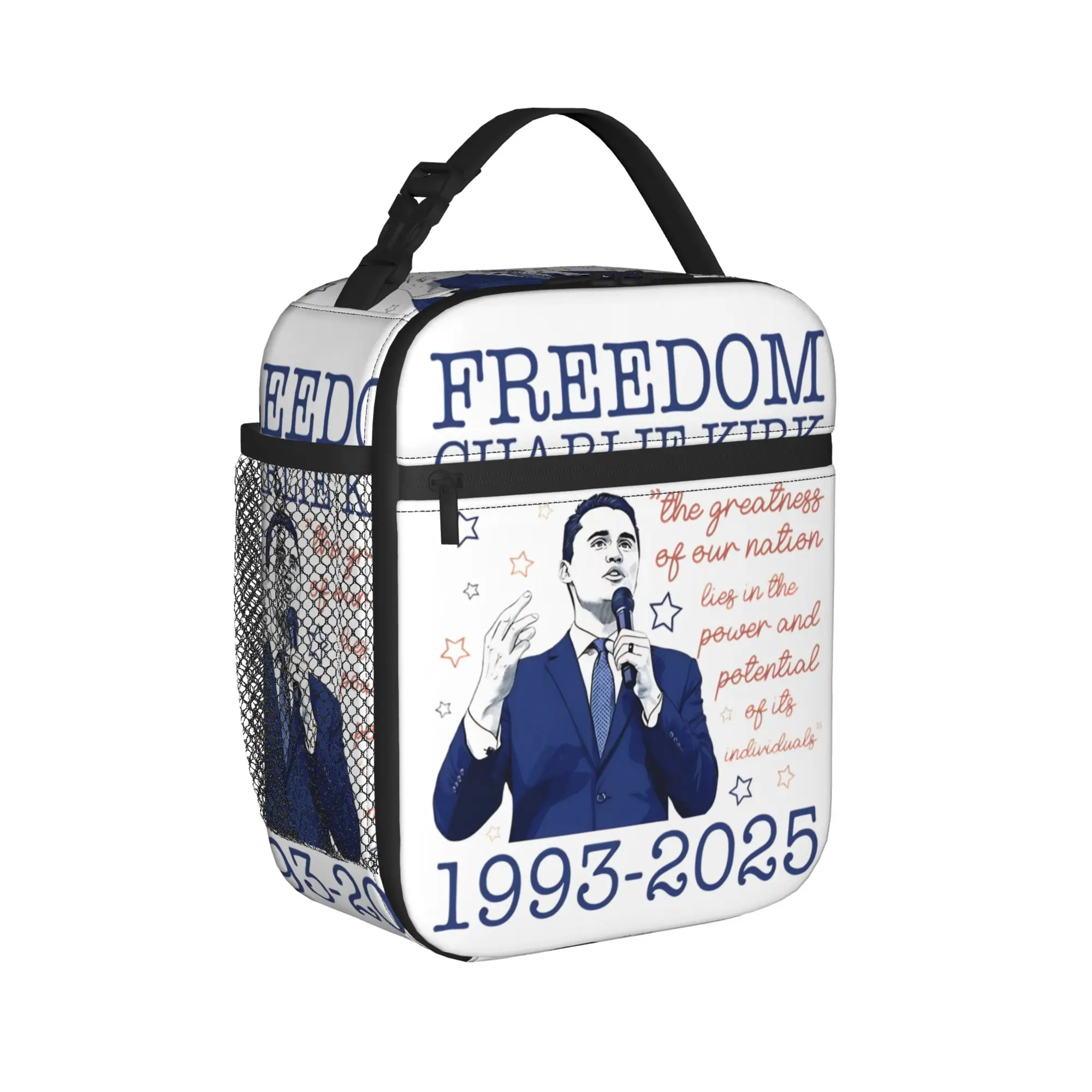 Charlie Kirk Freedom  Insulated Lunch Bag Portable  Reusable Thermal Bag Tote Lunch Box Work  Picnic Food Handbags