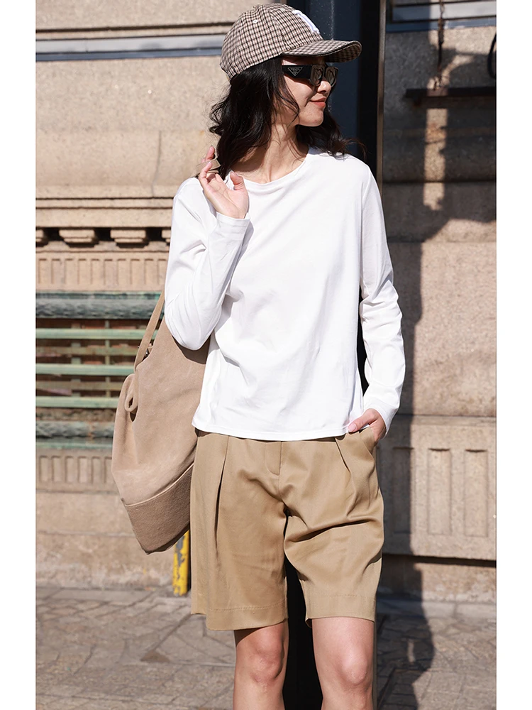 

FANNIU Early Spring Classic Pure Cotton Long Sve T-irt round Ne Splice Basic Sle White Color Commute Faion