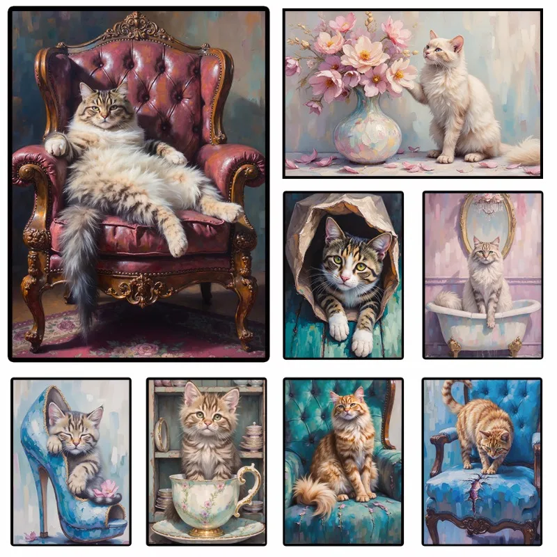 Lindo Póster de Arte de Gato Victoriano Vintage, Pintura de Gatito en Silla Real, Retrato de Gatito Moderno, Regalo para Mamá de Gatos, Decoración para Consultorio Veterinario