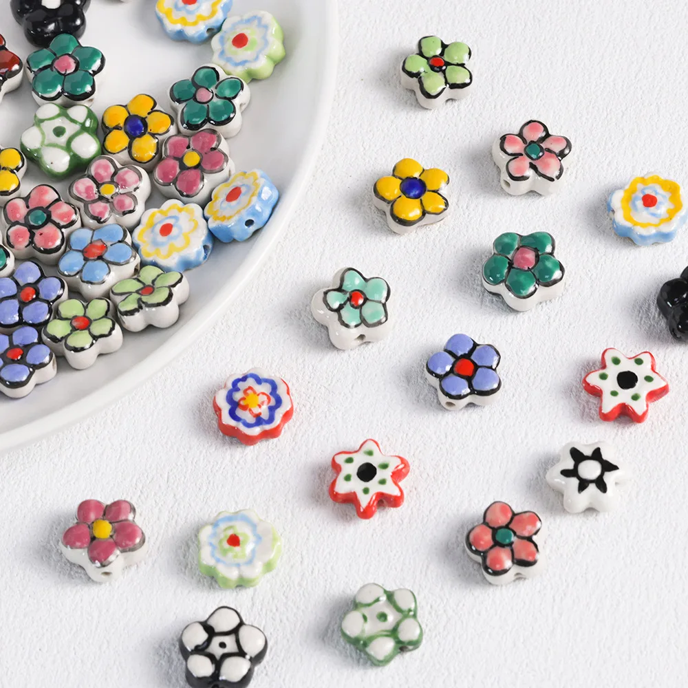 1PCS Cartoon Flower Hand Drawn Ceramic Beads For Jewelry Making Interval Bead Necklace Bracelet Craft DIY Supplie