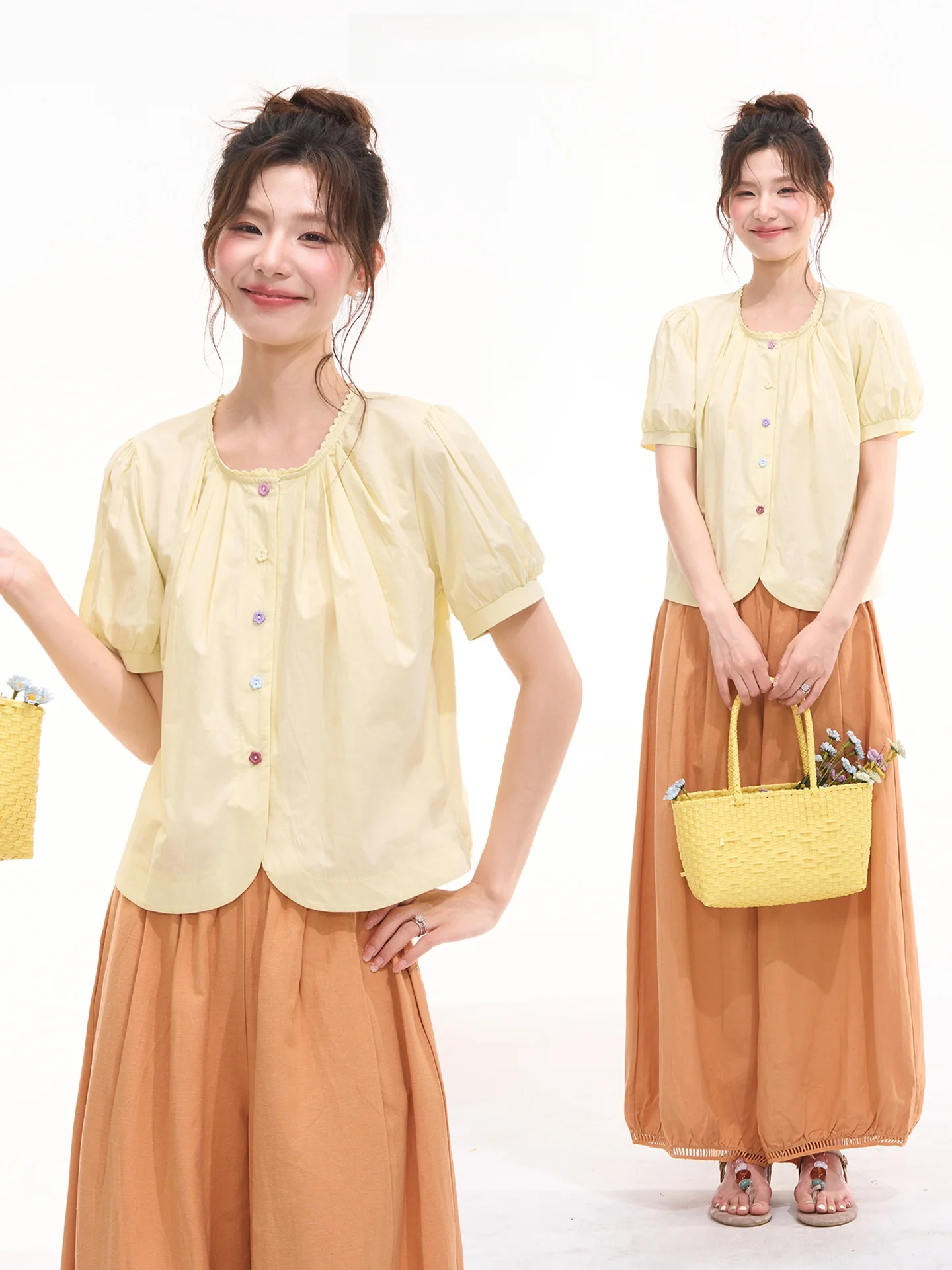 

Женская рубашка с коротким рукавом в корейском стиле с цветочными пуговицами, свободного кроя, хлопковая, летняя, от Heme Flower Field Window