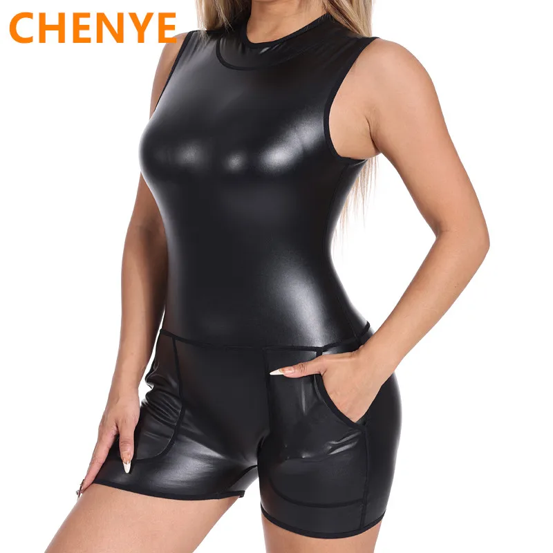 Women One Piece Faux Leather Shapewear Sleeveless Back Zip Bodysuit Lady Jumpsuits Rompers Playsuits Tank Top Shaper with Pocket