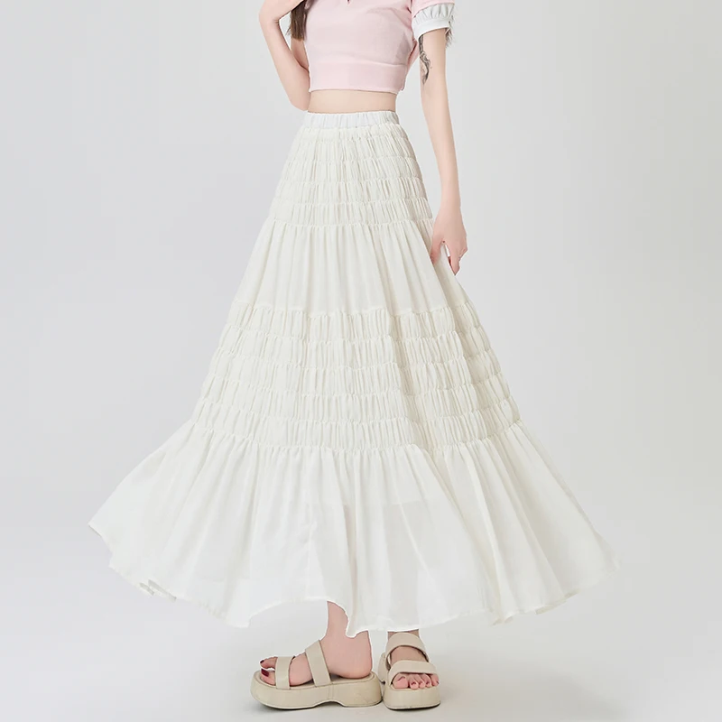 skirt for women in the summer of 2025, with elastic waistband for slimming and a large hem, pleated mid length A-line skirt