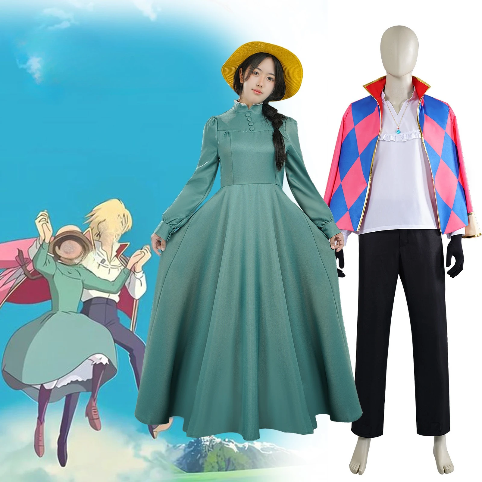 Disfraz de Sophie Hatter de Anime, vestido largo, capa de Howl, collar, pendientes, conjunto de Halloween, Carnaval, disfraces de Howl para hombres y mujeres