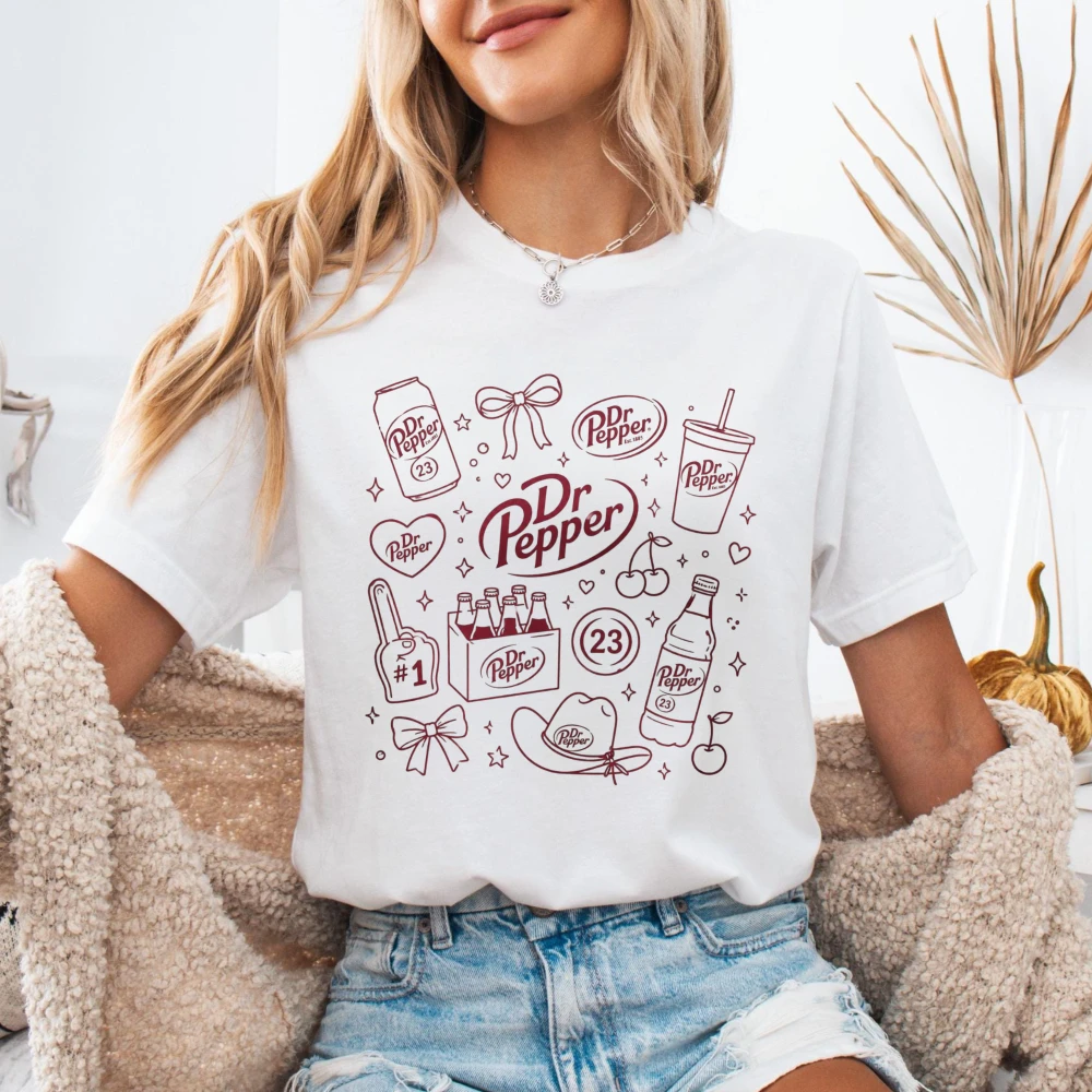 Dr Pepper Doodle Art Cotton Unisex Tee Retro Soda Shirt Design Casual Fashion Top Trendy Cherry Soda Graphic Streetwear Tshirt