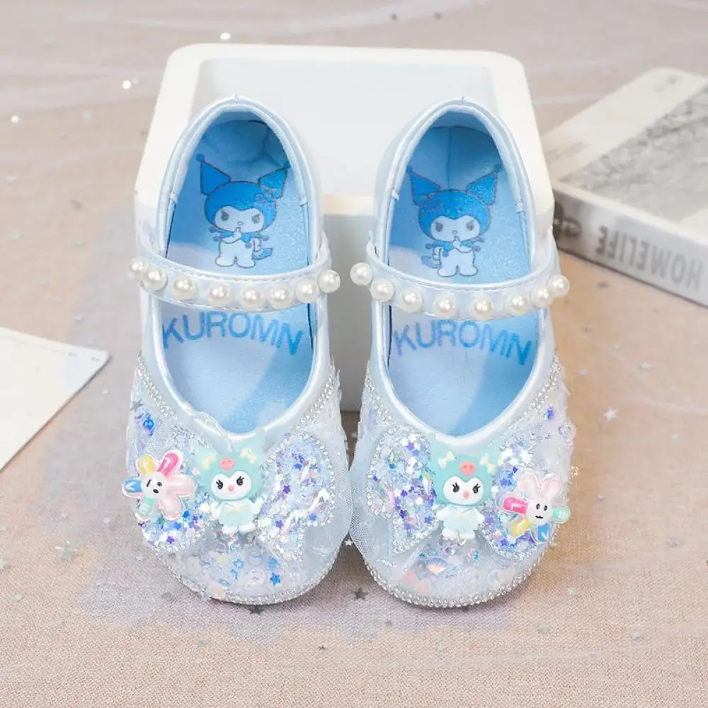 Kuromi Childrens Shoes Sanrio Spring New Girls Baby Pink Blue Princess Shoes Kids Bow Soft Soled Pearl Crystal Party Dress Shoes