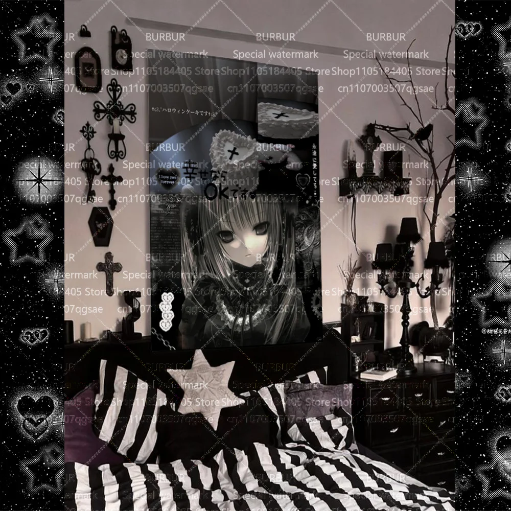 Visual dark gothic style illustration tapestry for bedroom and dormitory decoration, interior photo background material