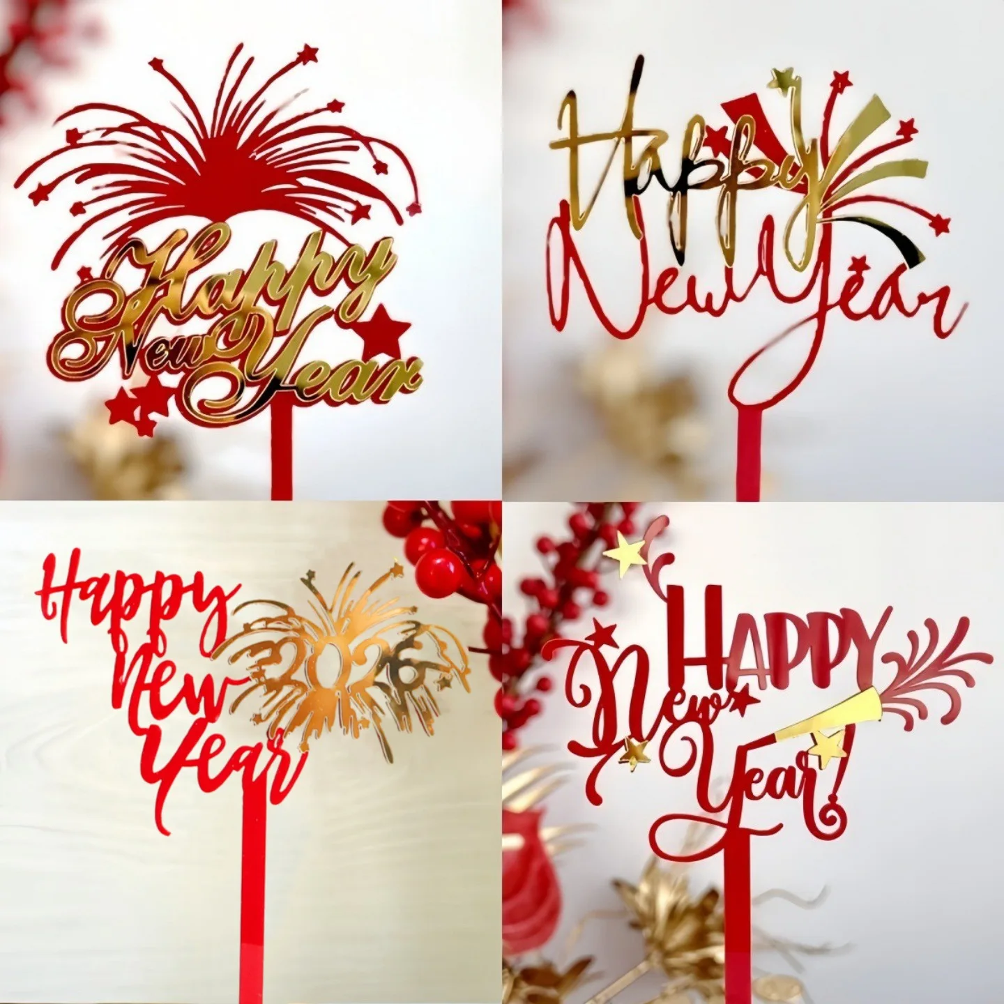 2pc Red And Gold Acrylic Cake Decoration 