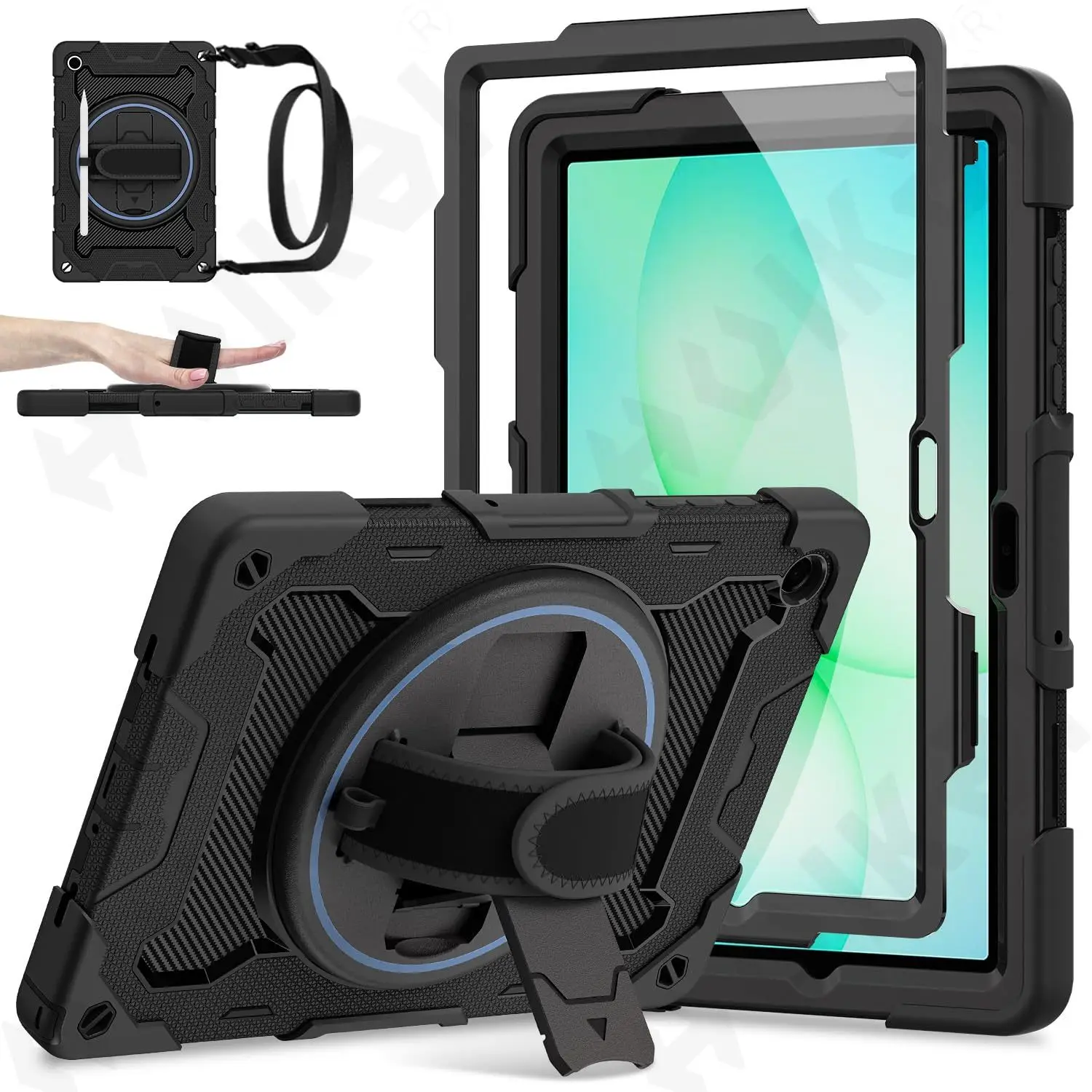 Case for Samsung Tab A11 Plus A9 Plus 2025 Tablet Heavy Duty Shockproof Protective Rotating Stand Hand Strap Pen Holder Black