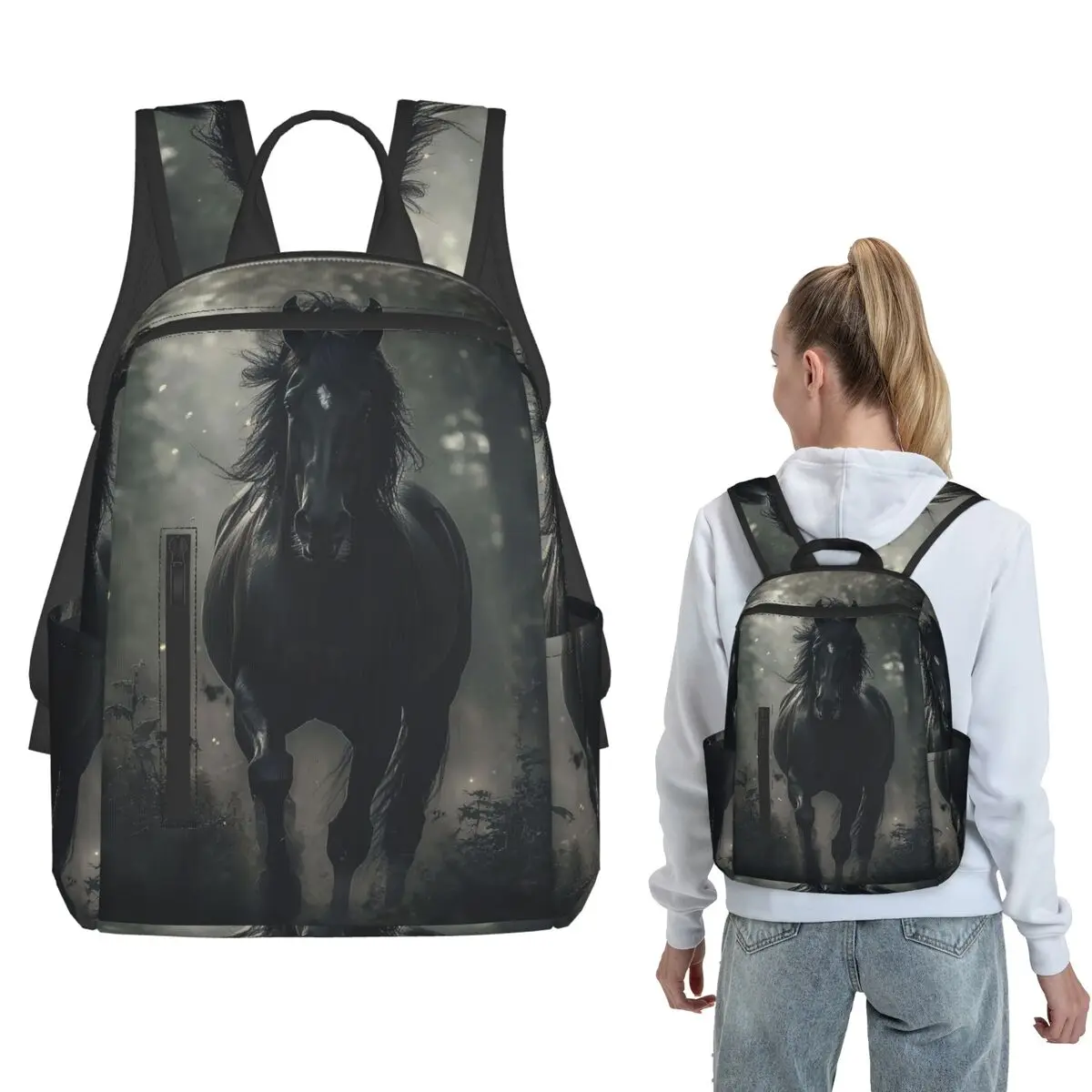 

Black Horse Stallion Ran Out In Dark Backpack Daypack Children BookBag School Bag Shoulder Bags for Men Women
